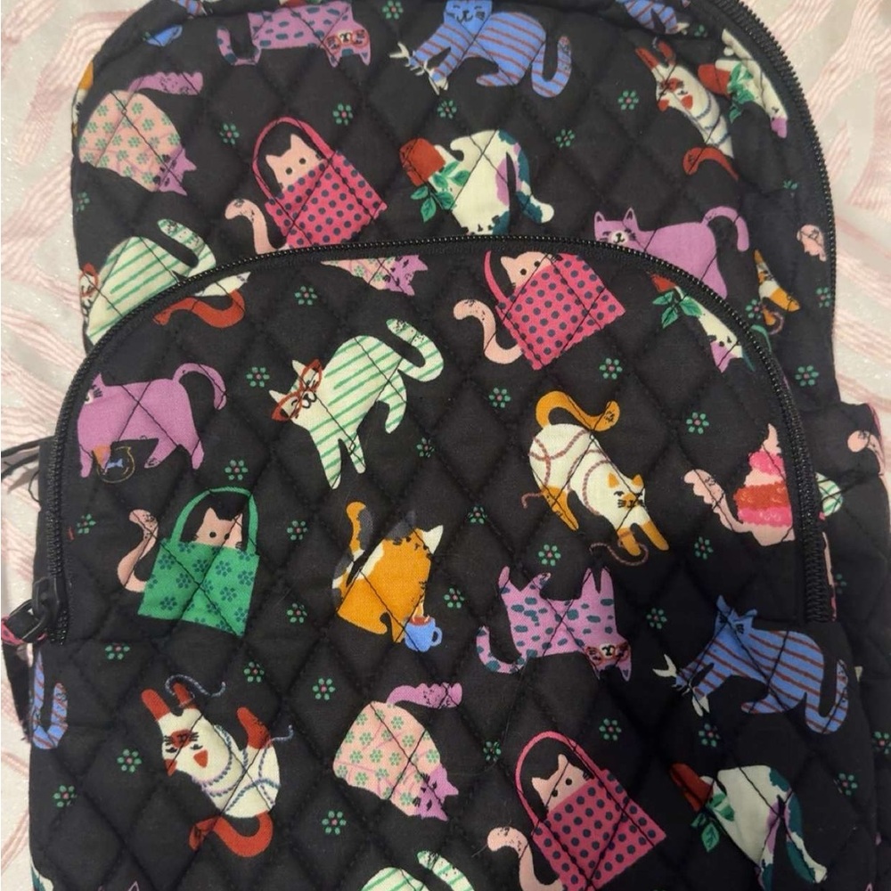 Vera Bradley Essentials Black Quilted Backpack with Colorful Cat Pattern SMALL